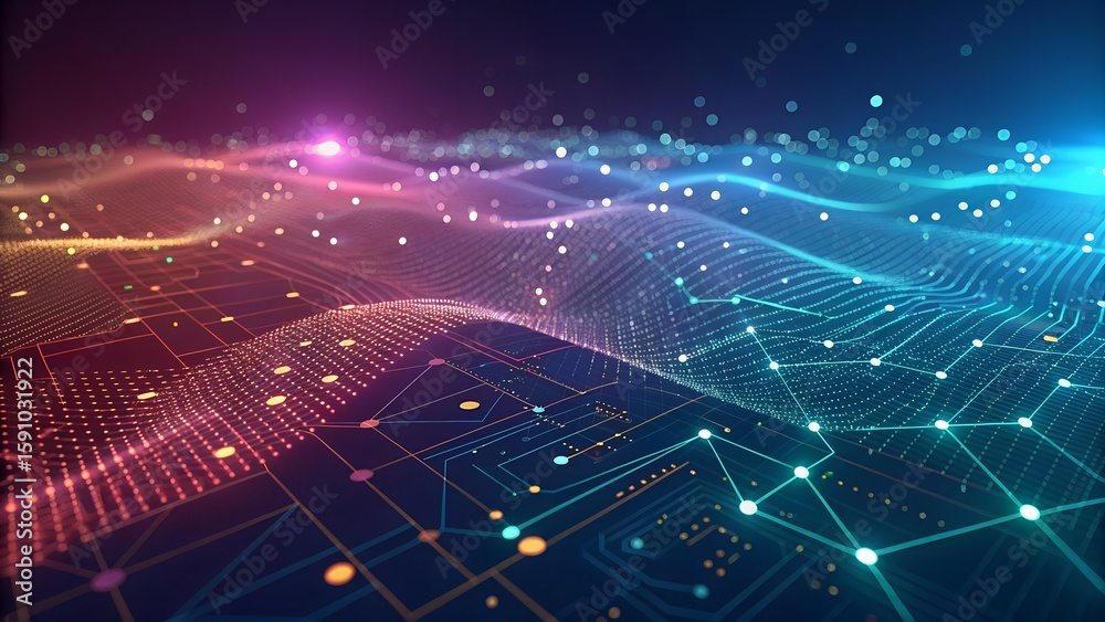 Poster abstract digital technology background showcasing glowing circuit patterns and network connections, 