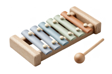 A small wooden xylophone with five colored metal bars and a wooden mallet resting beside it.