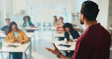 University, teaching and education with students, man and feedback with conversation. People, speaking and teacher with discussion, college and learning with knowledge, exam schedule or tips for test