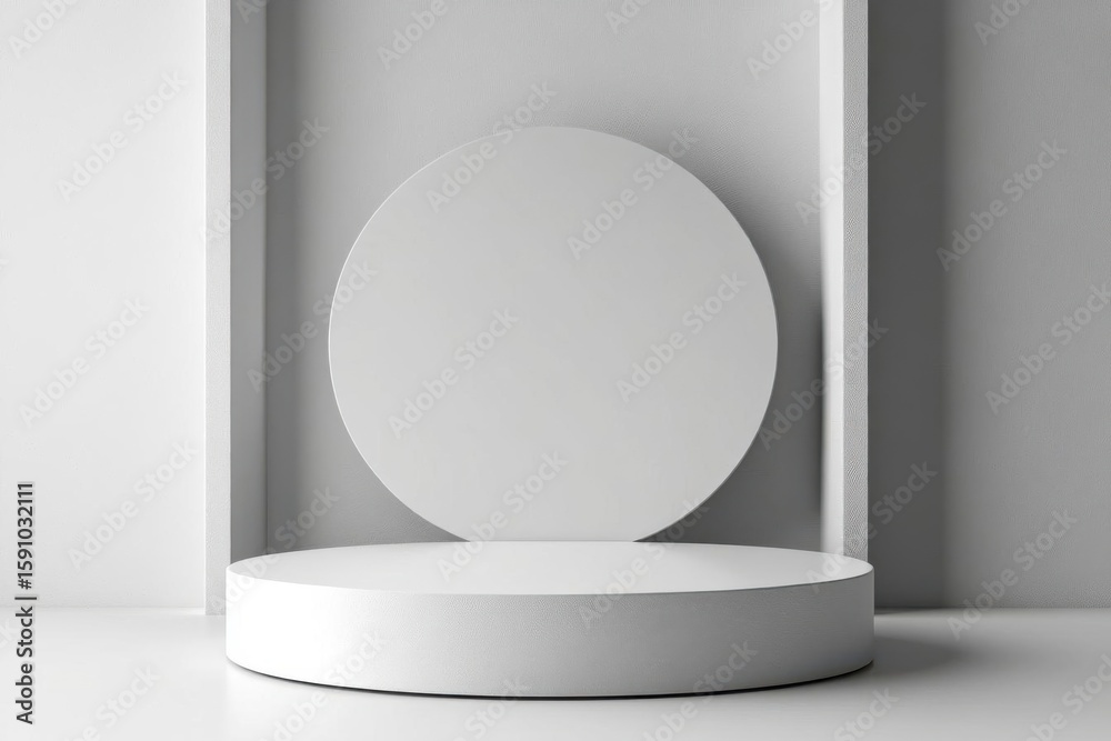 Poster showcase product on a round platform in abstract scene with soft lighting