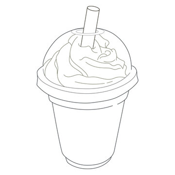 Coffee frappe linear. Drinking menu line art for coloring book. Beverage vector drawing on white background.
