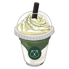 Matcha frappuccino. Matcha with milk and whipping cream on top in the clear plastic cup. Ice fresh drinking menu. Sweet and energy vector drawing illustration on white background.