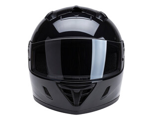 Fototapeta premium AA - Glossy Black Motorcycle Helmet Front View with Tinted Visor, Isolated PNG”