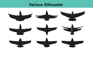 Various Airplane Silhouettes Vector Illustration: Aviation Design Elements, Aircraft Graphics, Plane Icons, Transportation Clipart, Black and White Art