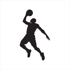Obraz premium Basketball Player Silhouette Vector Illustration. Basketball Dunk Silhouette in Action Player Dribbling the Ball Vector Design