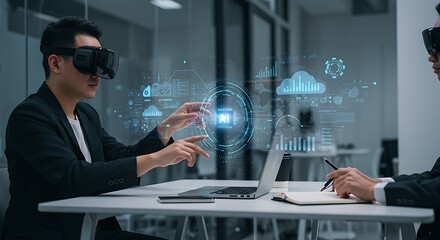 Virtual Reality Meeting Two Professionals Collaborate in the Metaverse using VR headsets to enhance business discussions and innovation.