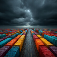 A long road with many colorful containers on it. The containers are in different colors and are stacked on top of each other. The sky is dark and cloudy, giving the scene a moody