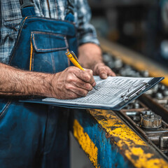 A man is writing on a clipboard with a pen. He is wearing blue overalls and has a serious expression on his face. The clipboard is on a yellow surface, which adds a contrasting color to the scene