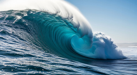 An impressive ocean wave curls beneath a clear sky, showing the dynamic power and beauty of the sea with its turquoise and white hues offering a sense of freedom.