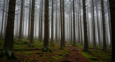 Obraz premium The captivating dense woodland shows a trail among the towering trees with mist, creating a sense of mystery and peace in nature's embrace, perfect for backgrounds and design.