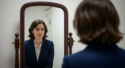 Introspective Woman in a Blue Suit Looking in a Mirror