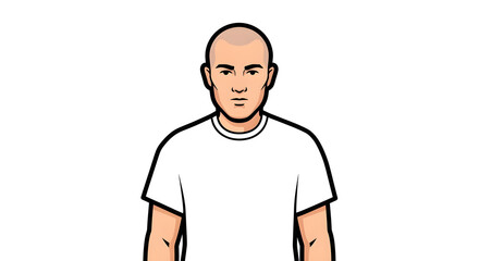 Cartoon Illustration of a Bald Man in White T-Shirt Looking Forward