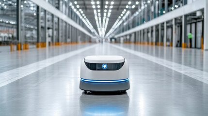 Autonomous mobile robot navigating spacious warehouse environment, showcasing advanced