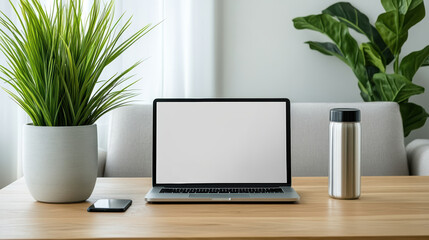 Fototapeta premium Modern workspace featuring laptop, smartphone, and stainless steel water bottle wooden table