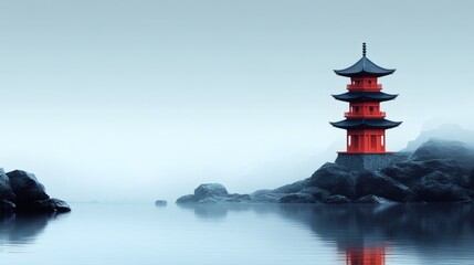 Peaceful red pagoda on a misty shore.