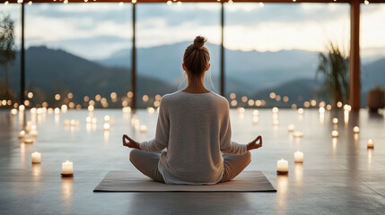 Meditating woman in serene space surrounded by candles and nature beauty