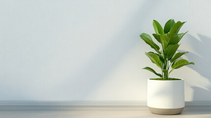Single potted plant casting gentle shadow on white wall creates serene atmosphere