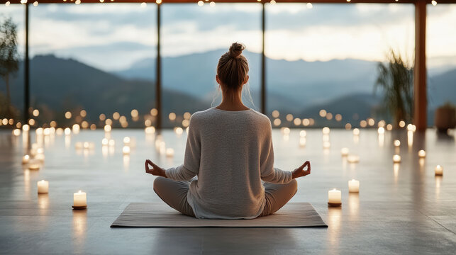 Meditating woman in serene space surrounded by candles and nature beauty