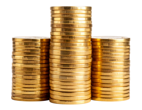 Neatly Stacked Golden Coins from Front View, Clean and Centered, Isolated PNG