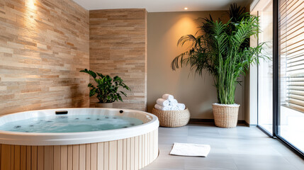 Relaxing indoor spa with hot tub, natural stone walls, and lush greenery