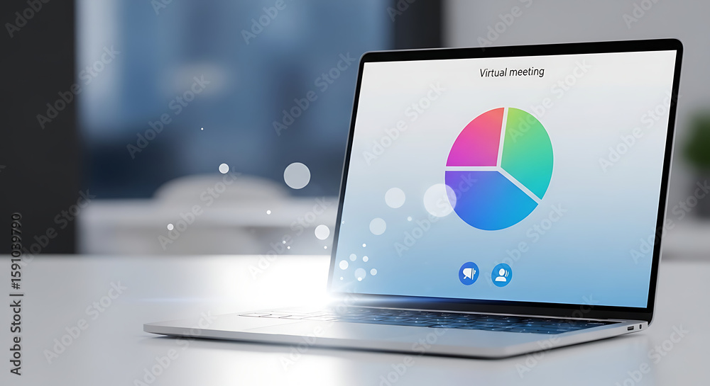 Fototapete Laptop displaying a virtual meeting with a colorful pie chart on a white surface with a blurred background - ai generated