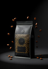 Isolated premium kopi luwak coffee bag on matte black background