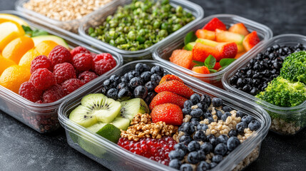Fresh fruit, healthy snacks, colorful grains, protein rich foods, eco friendly containers