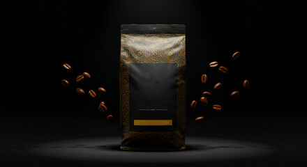 Isolated premium kopi luwak coffee bag on matte black background