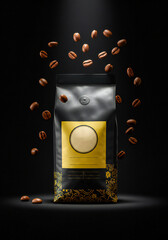Isolated premium kopi luwak coffee bag on matte black background