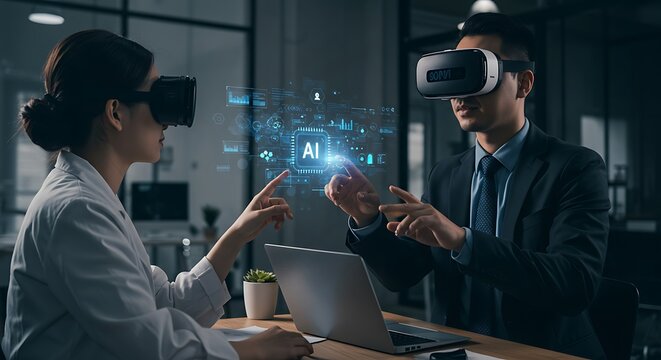 Exploring AI's potential Businessmen use VR headset for virtual reality interaction in office for innovation, metaverse, and digital business transformation.