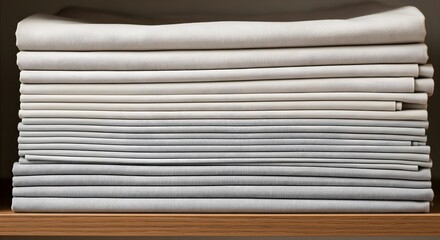Stacked White Fabric Textiles on Wooden Shelf, Textured Layers, Neutral Tones.