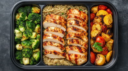 Healthy meal prep container with grilled chicken, quinoa, and mixed vegetables