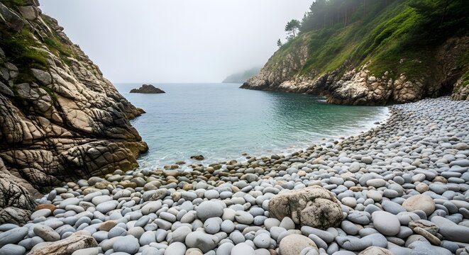Coastal Cove with Pebble Beach, Cliffs, and Misty Overcast Sky Landscape