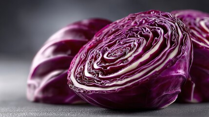 Fototapeta premium Close-Up View of Fresh Purple Cabbage Slices on Dark Background