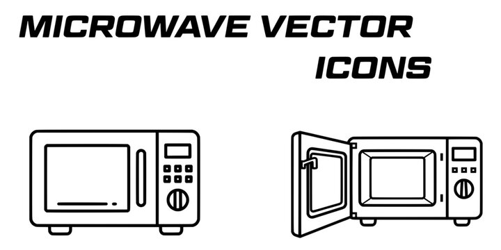 A set of microwave vector icons showing one closed and one open door unit displayed clearly on a white background for interface design.