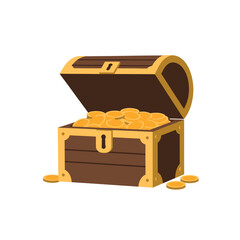 A treasure chest overflowing with gold coins,  open and spilling some coins onto a white background.