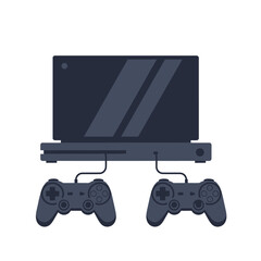 A flat illustration of a gaming console setup with two connected controllers.