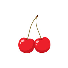 Two cartoon cherries with stems, bright red and glossy, isolated on white background.
