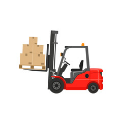 A red forklift is lifting a wooden pallet with several cardboard boxes stacked on it.