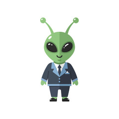 A cartoon alien wearing a suit, smiling and standing, isolated on white.