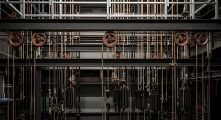 Intricate Stage Rigging System with Ropes, Pulleys, and Metal Framework