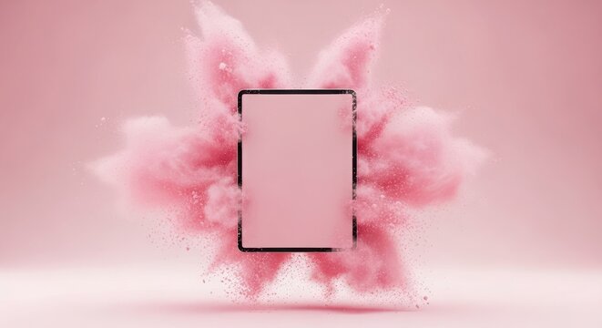 Tablet exploding with pink powder against a pink background
