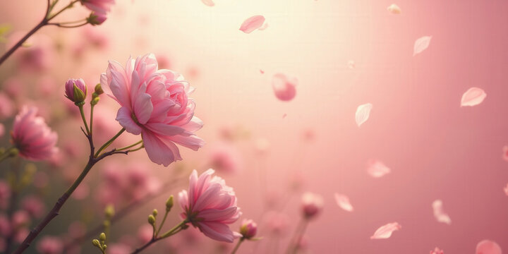 Blooming Garden A pink background with faint, scattered petal shapes. Soft, diffused lighting enhances the delicate and romantic atmosphere.
