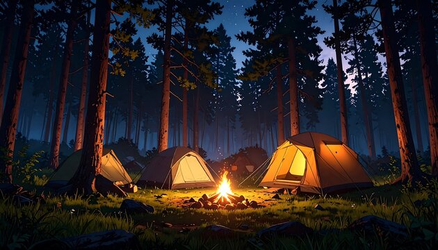 Campsite in a pine forest at night