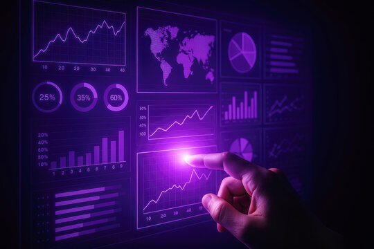 Hand touching glowing purple digital data charts and world map digital interface - Powered by Adobe