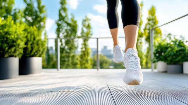 Active woman exercising outdoors on sunny patio, wearing athletic shoes and leggings - Powered by Adobe