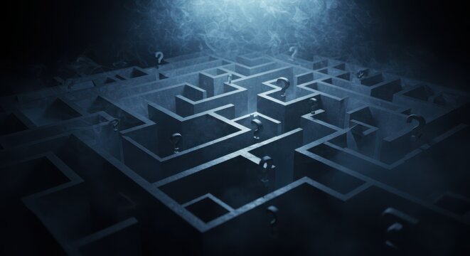 A complex maze with question marks is shrouded in mist - Powered by Adobe