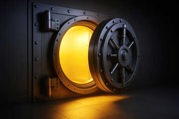 Heavy steel vault door open revealing bright golden interior security