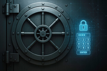 Heavy steel vault door with digital keypad and lock symbol bank vault security
