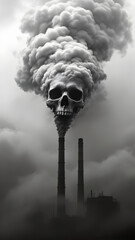 Skull Emerging from Industrial Smoke Pollution